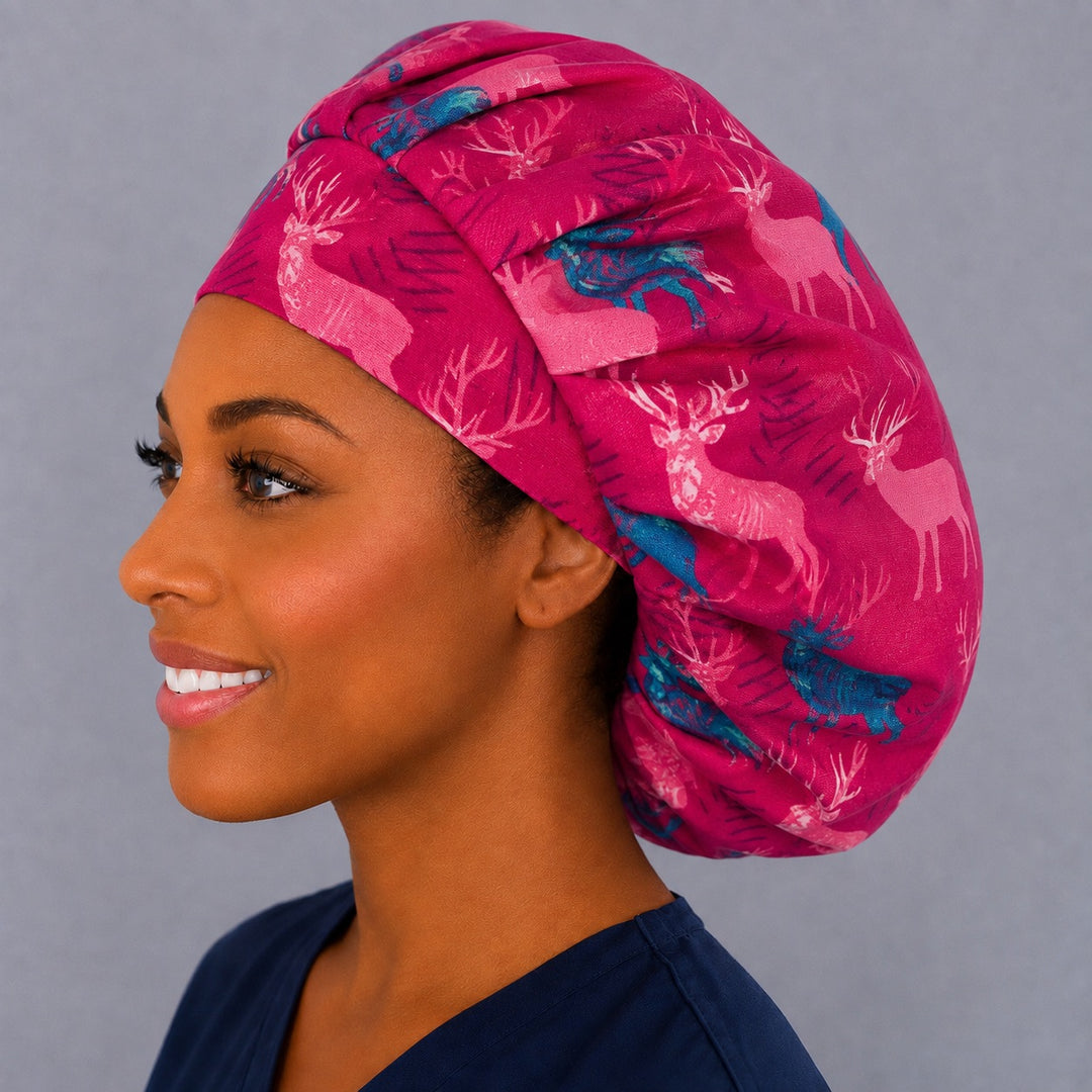 Teal and blush stag deer bouffant cap for women, left side profile — handmade woodland surgical cap, USA made