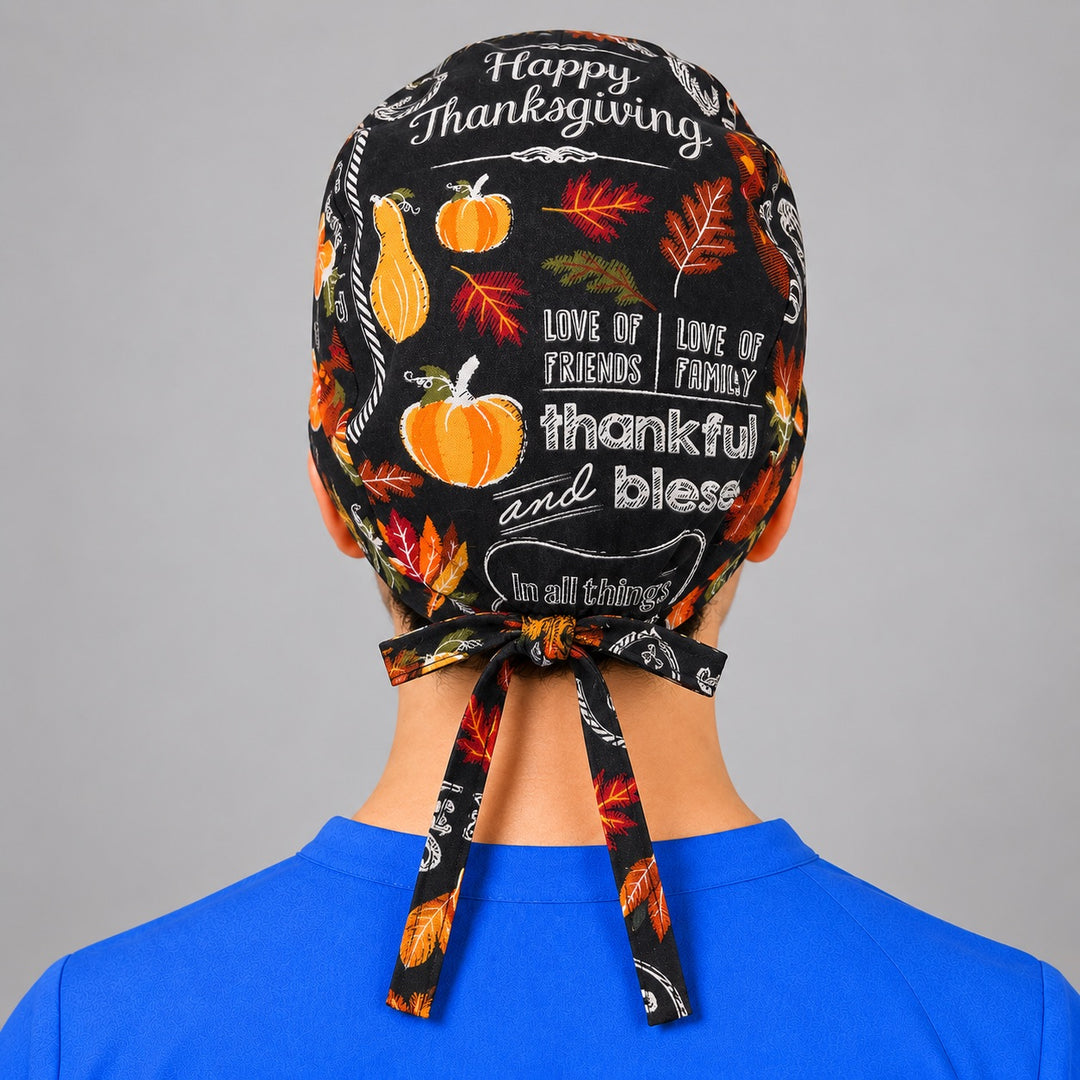 Thankful and Blessed fall surgical hat with side tie, unisex Thanksgiving cap sized for short hair
