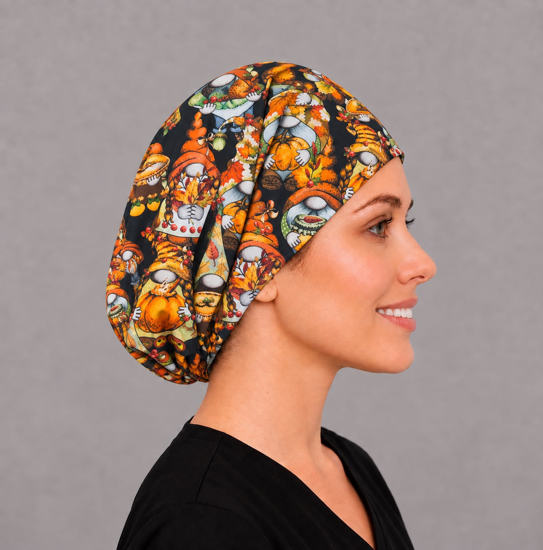 Right side profile of the Thanksgiving gnome Euro surgical hat — turkey and berry print, breathable cotton cap for nurses