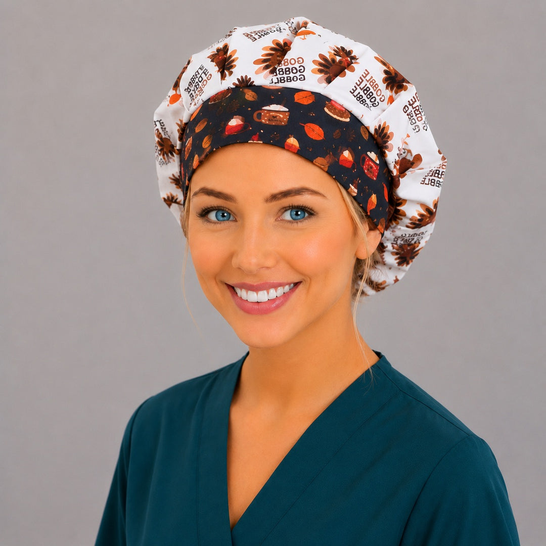 Thanksgiving turkey Gobble Til You Wobble bouffant scrub cap back view showing full print of turkeys and Gobble text on white, OR World surgical hat