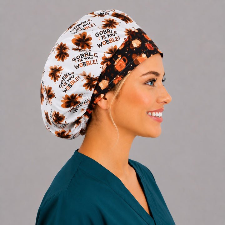Thanksgiving turkey bouffant scrub cap front band close-up on smiling model showing pumpkin pie, latte and autumn-leaf fall band with turkeys, OR World