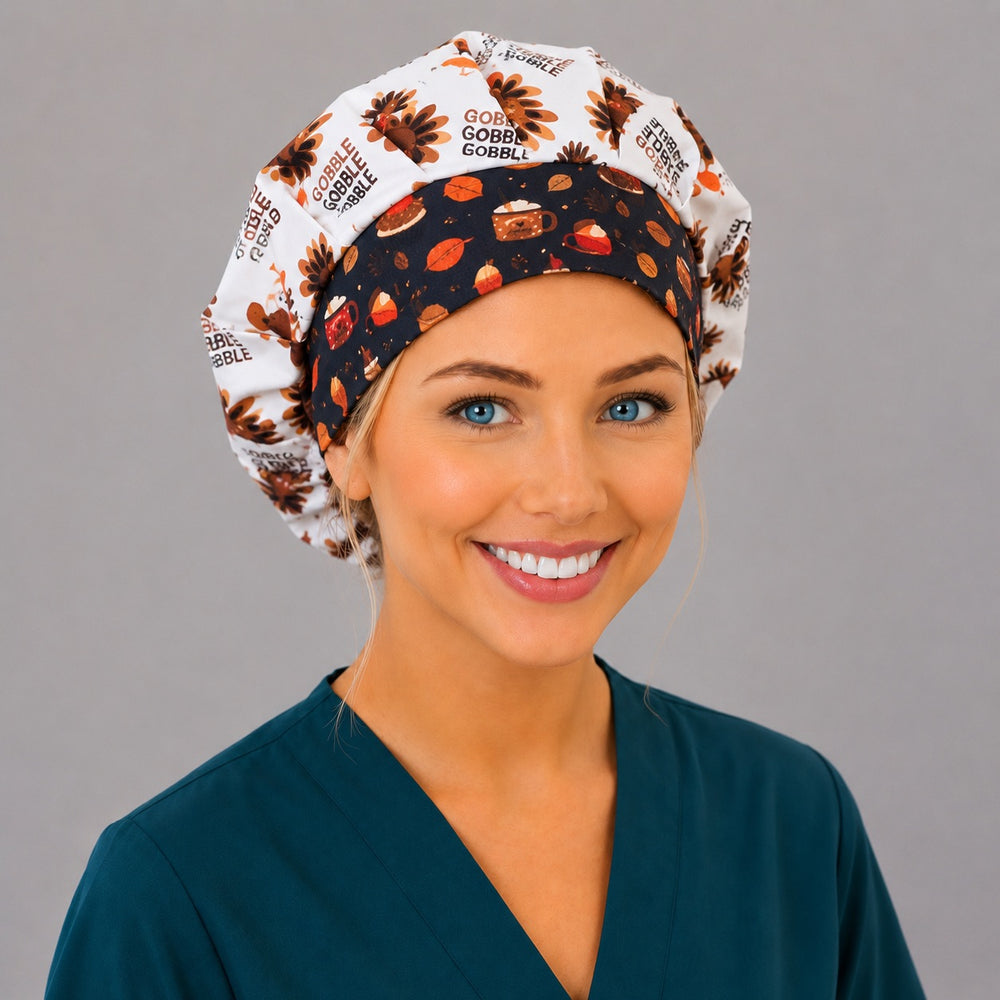 Thanksgiving turkey bouffant scrub cap front view on smiling model showing Gobble turkeys and fall pumpkin-spice band, women's nurse hat OR World