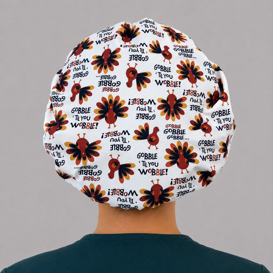 Thanksgiving turkey Gobble Til You Wobble bouffant scrub cap for women, front view, turkeys and pumpkin-spice fall band, handmade surgical hat by OR World