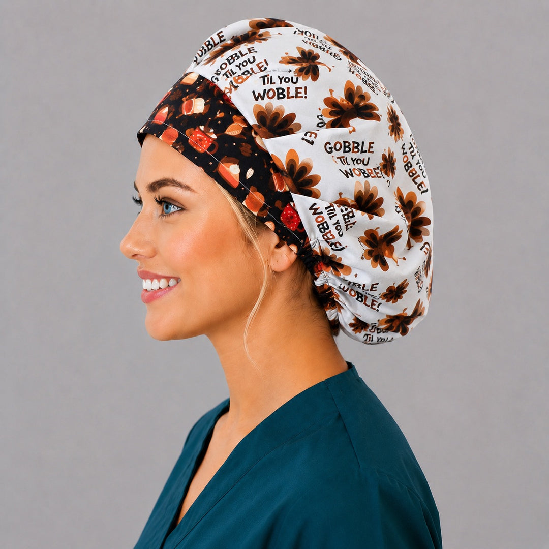 Thanksgiving turkey bouffant scrub cap right three-quarter angle on smiling model, Gobble Til You Wobble turkeys and fall band, women&