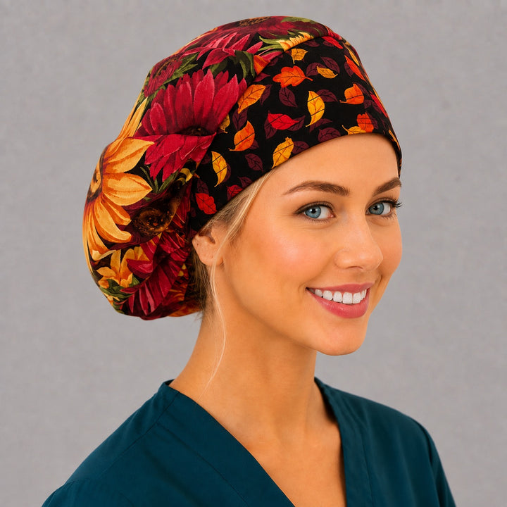 Thanksgiving sunflower bouffant surgical cap, right angled smiling view — warm autumn floral print for OR nurses and surgical techs