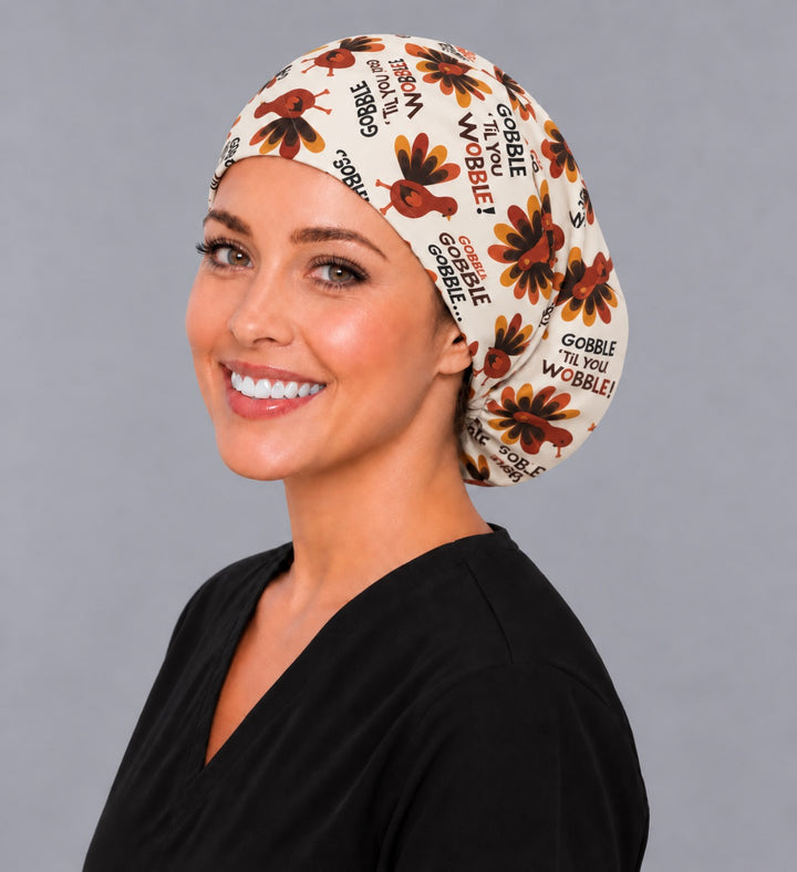 Thanksgiving turkey Euro surgical hat, right angled smiling view — handmade Gobble Gobble print cap, USA made
