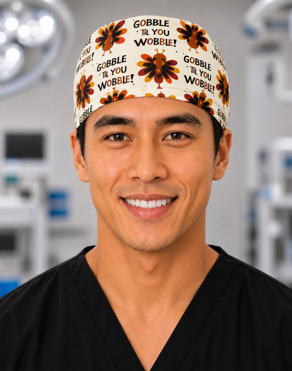 Thanksgiving turkey Gobble Til You Wobble scrub cap on cream, handmade men's tie-back funny surgical hat on male OR nurse, front view