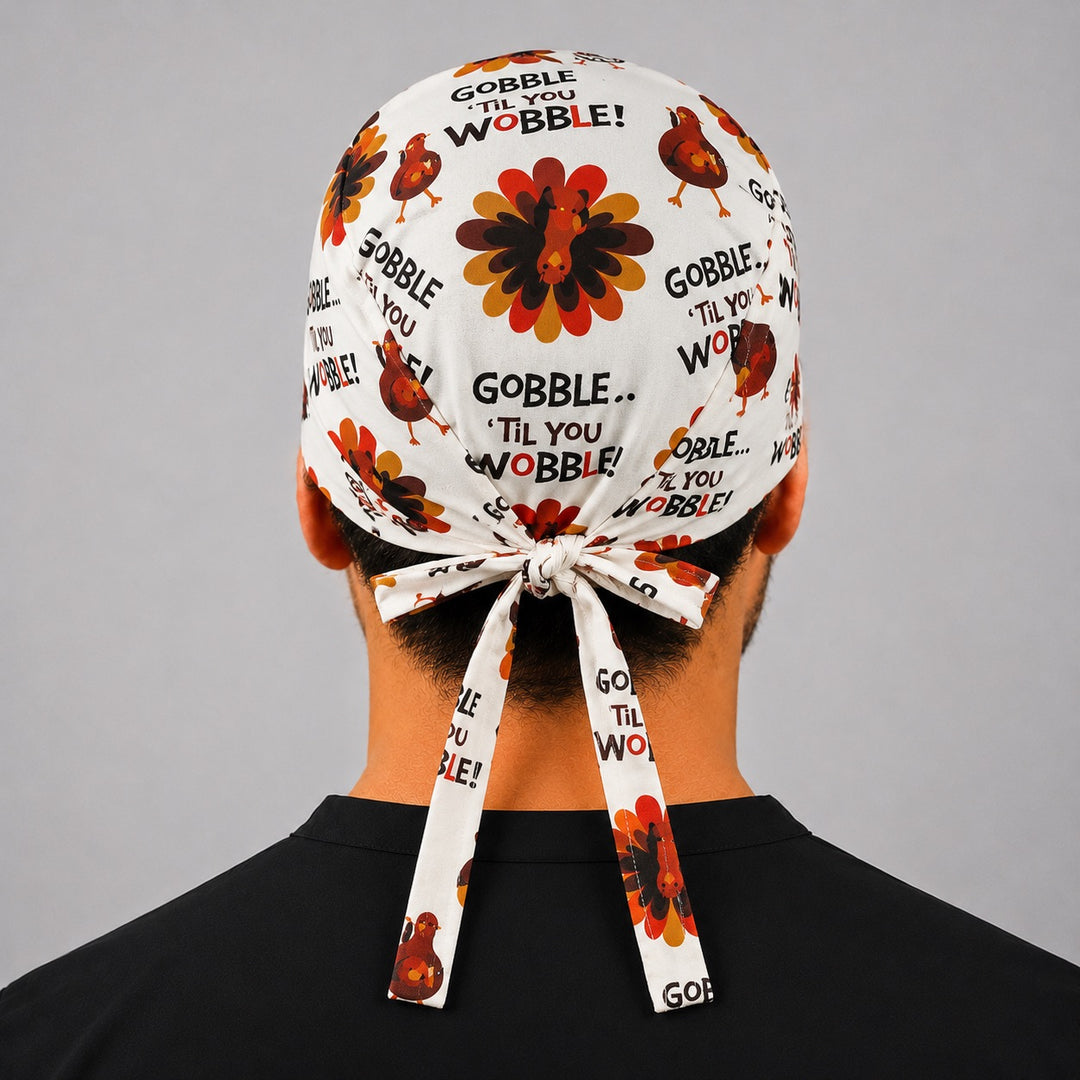 Back view of adjustable tie-back knot on Thanksgiving turkey Gobble Til You Wobble scrub cap surgical hat for men