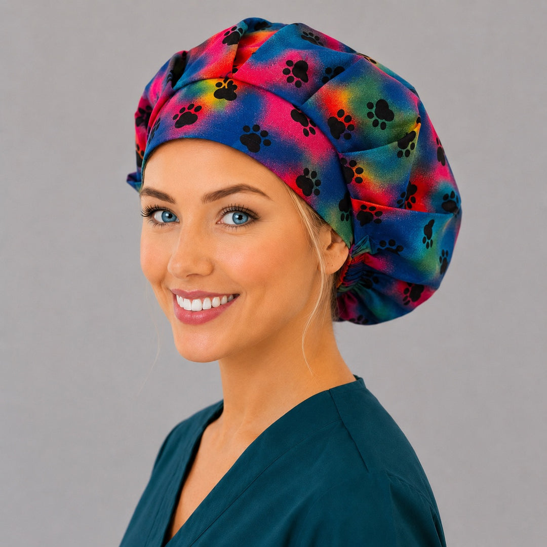 Tie-dye dog paw bouffant scrub cap, right angled smiling view — bright animal lover print for OR nurses and surgical techs