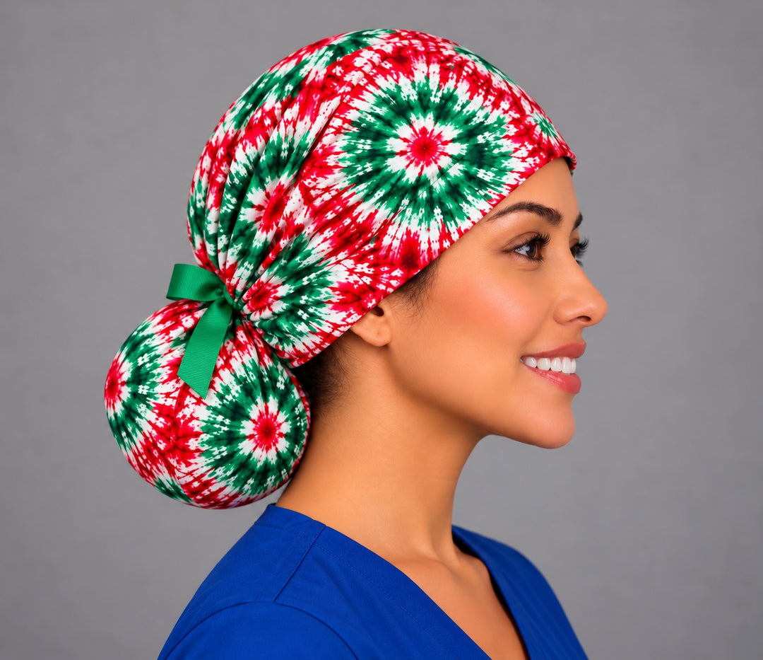Right profile of the tie-dye ponytail surgical hat with green grosgrain bow, roomy pouch for long or thick hair