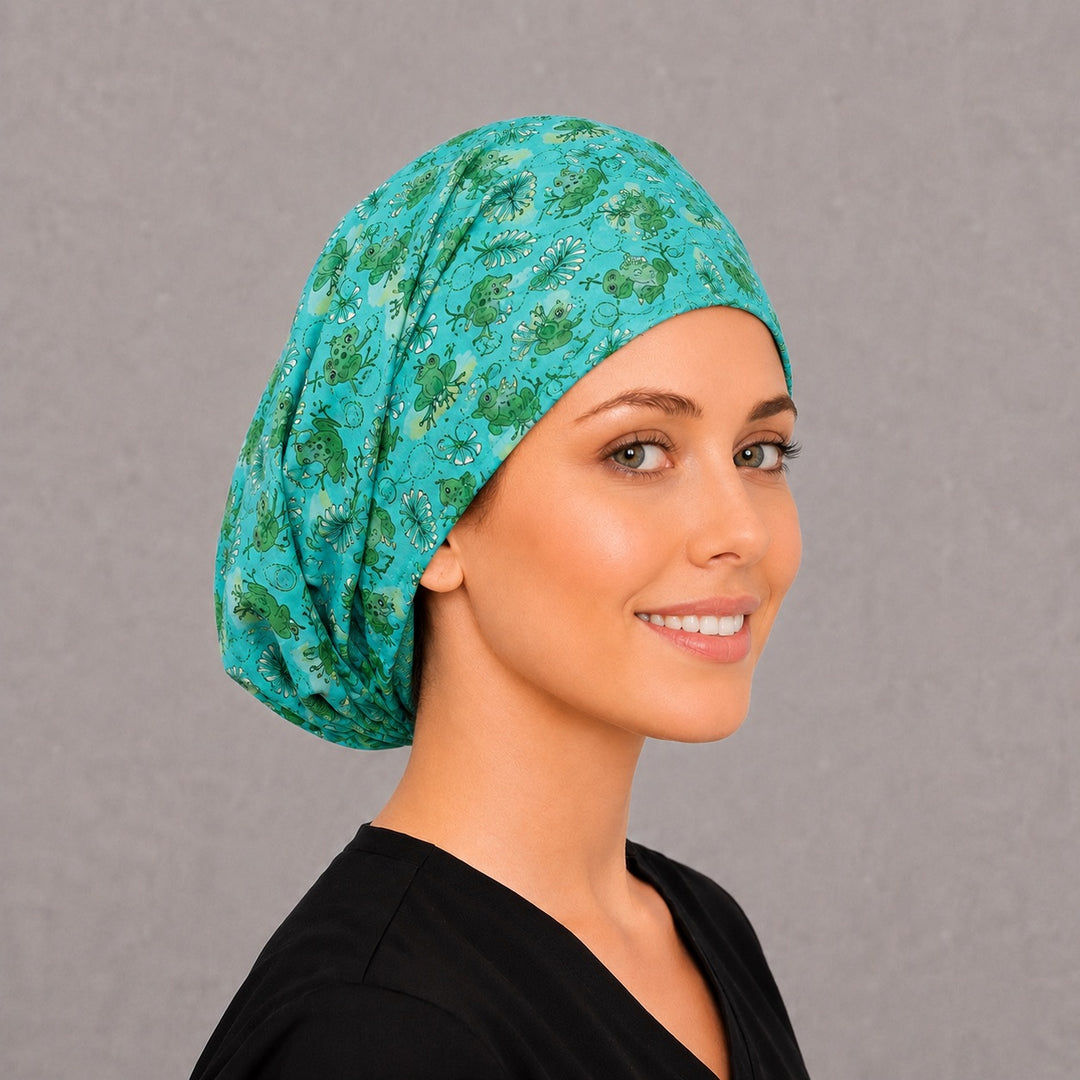 Toad-ally cute frog Euro scrub cap, right angled smiling view — whimsical print for OR nurses and pediatric teams