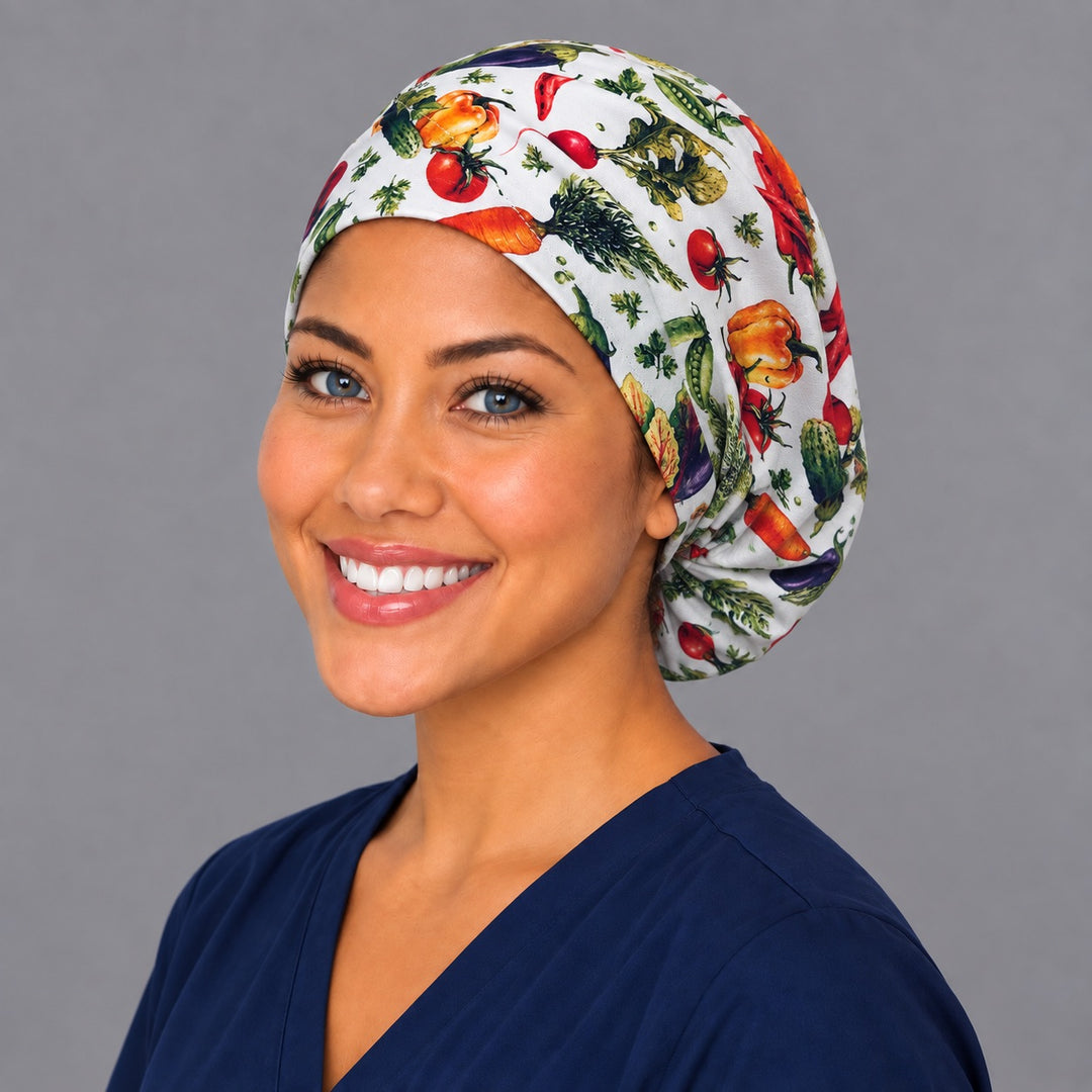 Tomato and pepper Euro surgical cap, left angled view — elastic adjustable back that secures long or thick hair