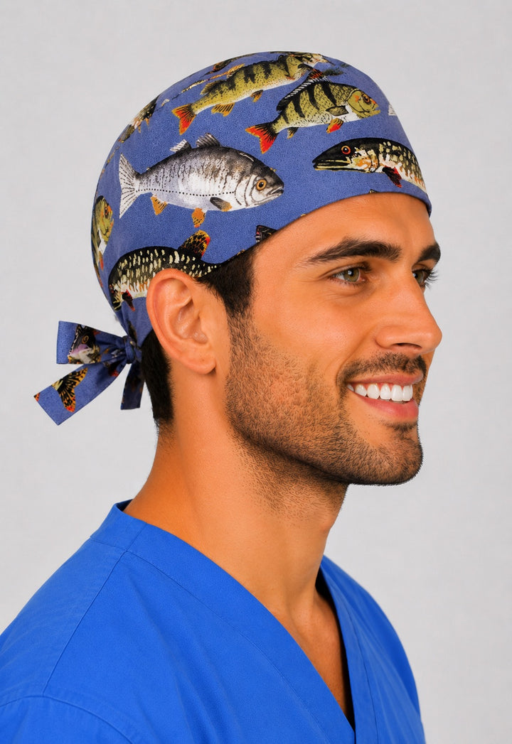 Left side profile of fishing fish print surgical hat on healthcare professional — blue freshwater fish scrub cap, adjustable and handmade in the USA.