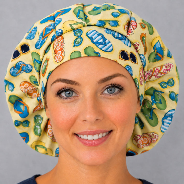 Right side profile of the tropical flip flops and sunglasses bouffant surgical hat — roomy breathable cotton cap for nurses with long hair