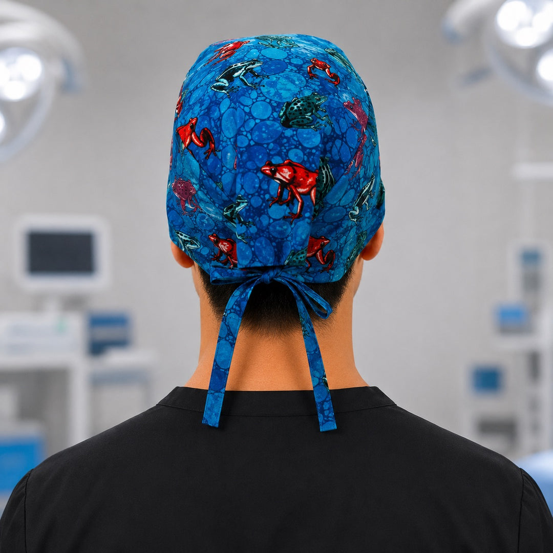 Back view of adjustable tie-back knot on tropical frogs blue scrub cap surgical hat for men