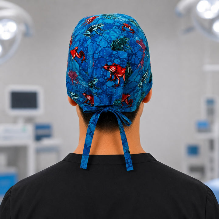 Back view of adjustable tie-back knot on tropical frogs blue scrub cap surgical hat for men