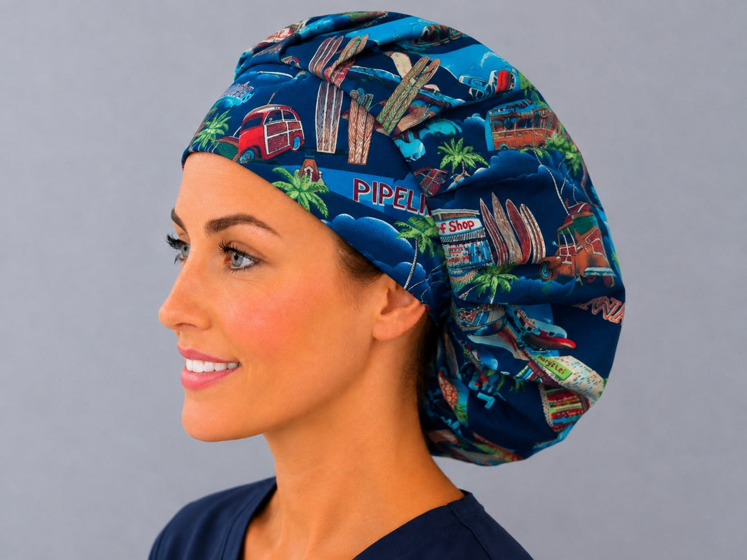 Tropical Hawaiian bouffant cap for long hair, left side profile — handmade Oahu travel print surgical cap, USA made