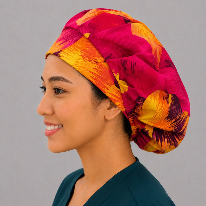 Tropical Hawaiian hibiscus bouffant scrub cap right side profile showing hot pink and orange hibiscus flowers, women&