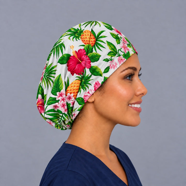 Right side profile of the tropical hibiscus Euro surgical hat — palm leaf and plumeria print, breathable cotton cap for nurses