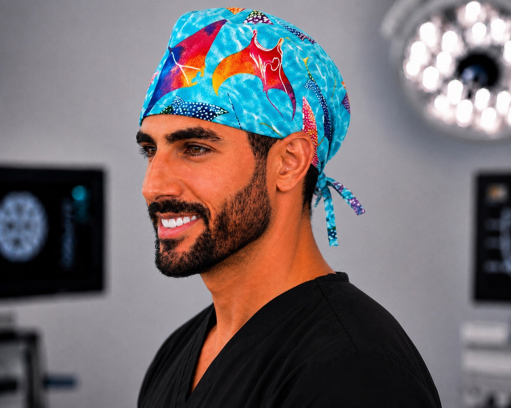 Tropical manta ray surgical cap on a male OR nurse, side view, colorful stingray ocean theme