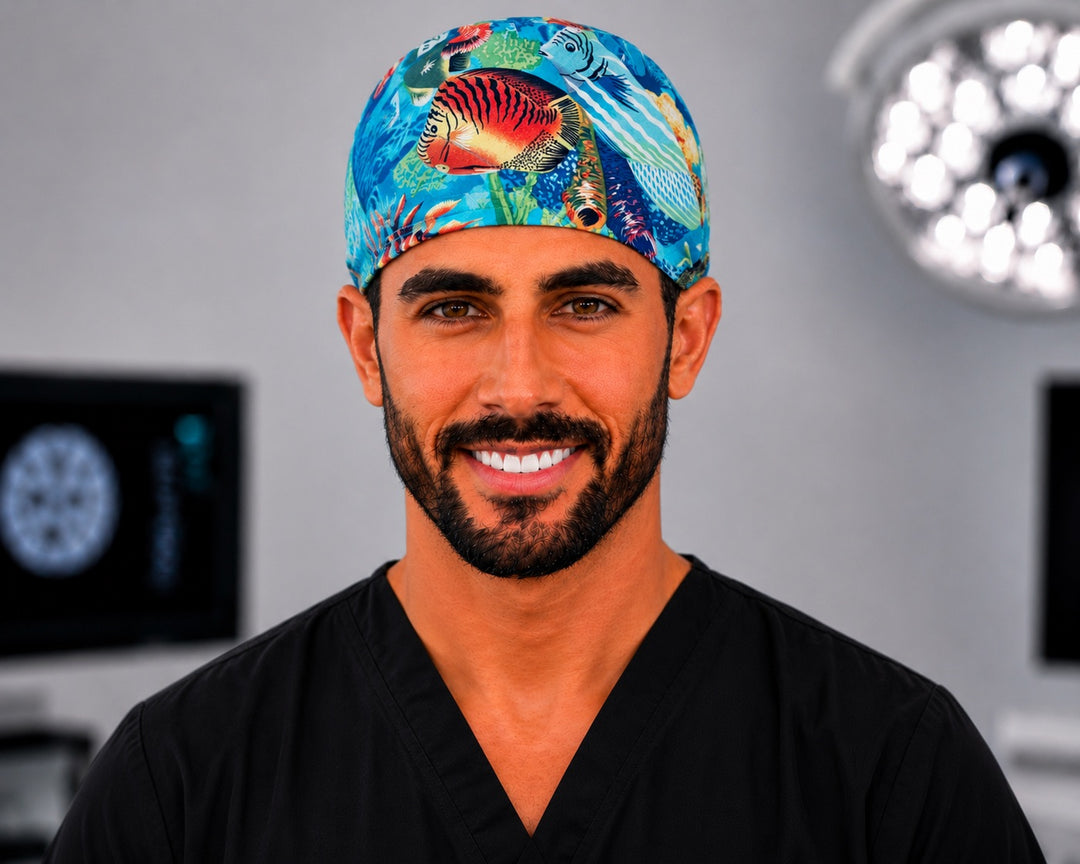 Man in tropical ocean reef fish scrub cap, unisex colorful aquarium fish surgical hat, straight front view
