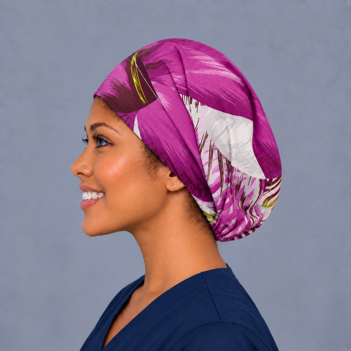 Tropical purple Euro cap, left side profile — handmade violet and white bloom surgical cap, USA made