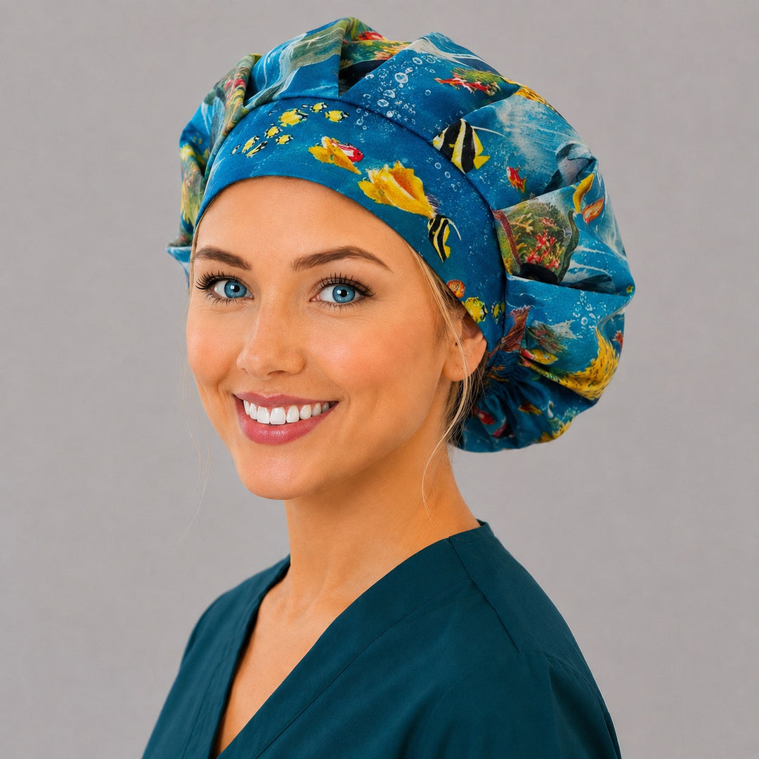 Right angled view of the tropical reef fish bouffant surgical hat — yellow angelfish and coral print, roomy breathable cotton cap for nurses