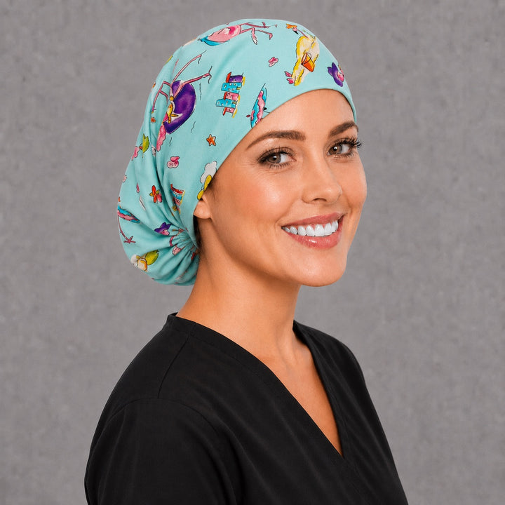 Tropical summer Euro cap for women, right side profile — handmade flamingo beach surgical cap, USA made
