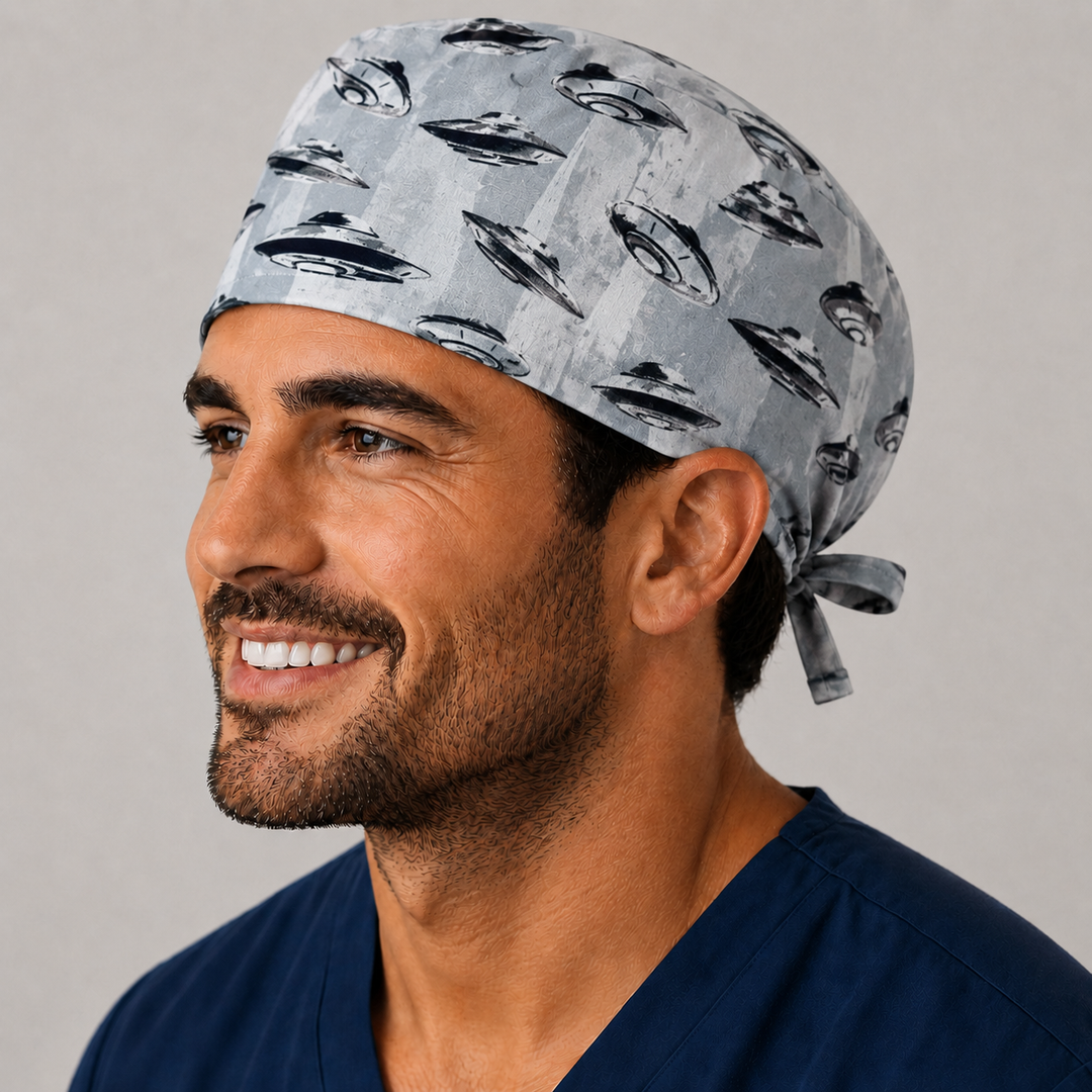 Side view of UFO spaceships tie-back scrub cap — handmade USA men's surgical hat for OR nurses, surgeons & techs.