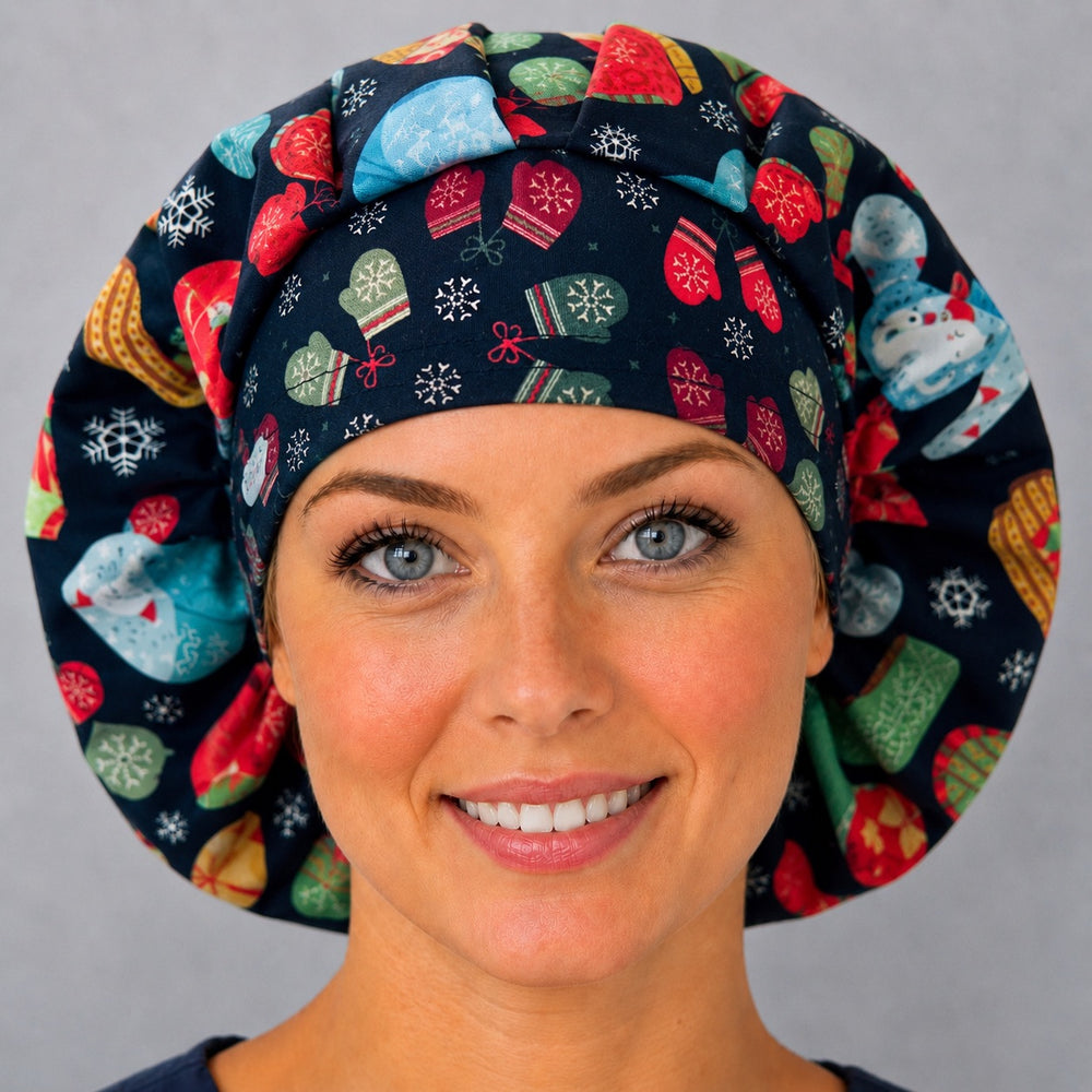 Woman wearing a Christmas ugly sweater bouffant scrub cap, front view — festive knits, mittens and snowflakes on navy, adjustable women's surgical hat