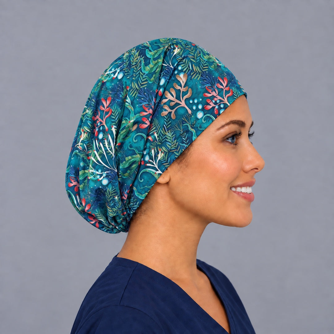 Right side profile of the under the sea Euro surgical hat — blush coral branches and bubbles, breathable cotton cap