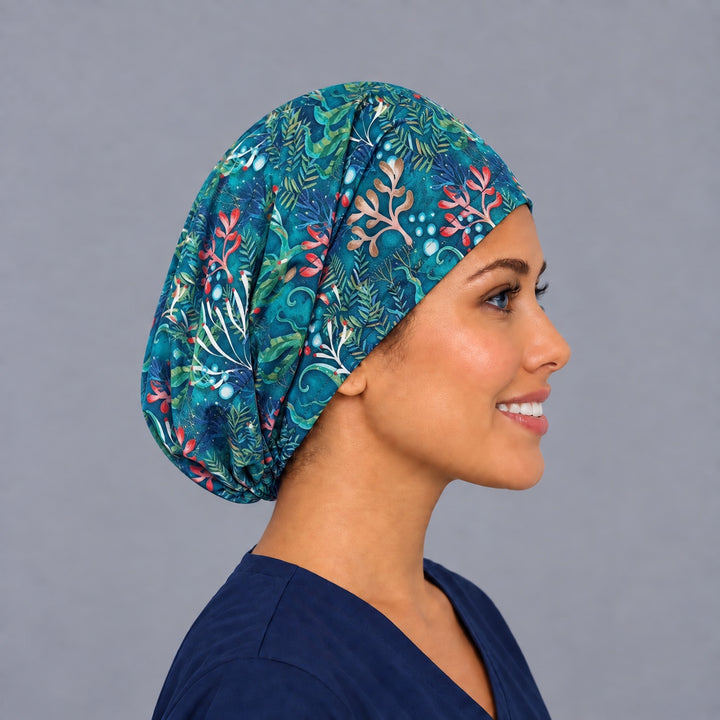 Right side profile of the under the sea Euro surgical hat — blush coral branches and bubbles, breathable cotton cap
