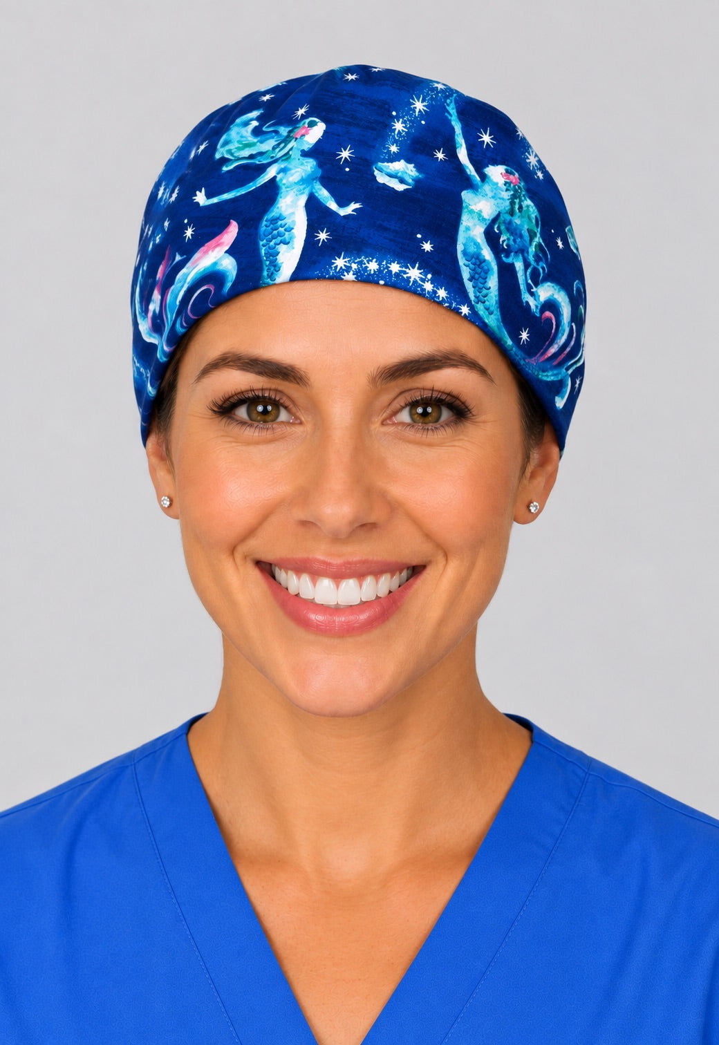 Underwater fantasy mermaid surgical hat in straight front view, blue cap sized for short hair