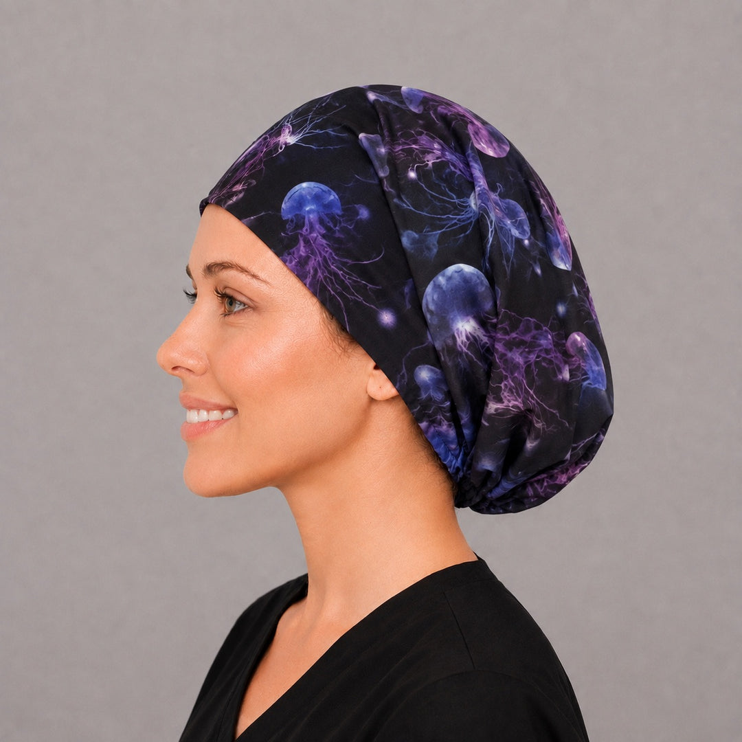Underwater jellyfish Euro cap for women, left side profile — handmade marine life surgical cap, USA made
