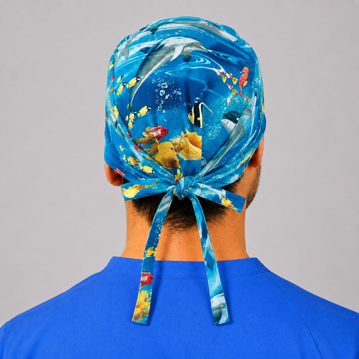 Back view of Underwater Paradise ocean scrub cap showing the adjustable tie back bow, dolphin orca seahorse and tropical fish marine print, unisex surgical hat handmade in USA by OR World.