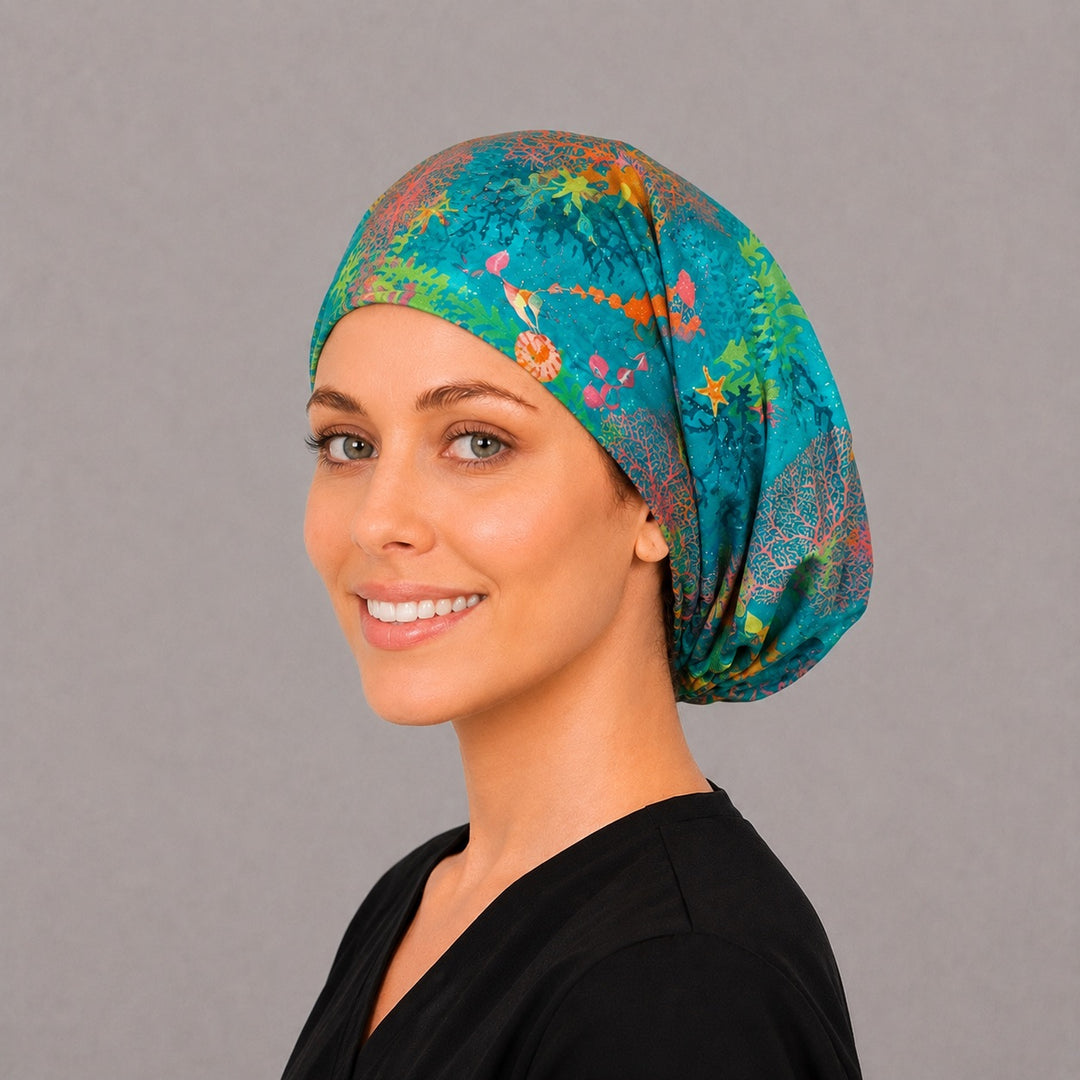 Underwater seahorse Euro surgical cap, left angled view — elastic gathered back with full head coverage