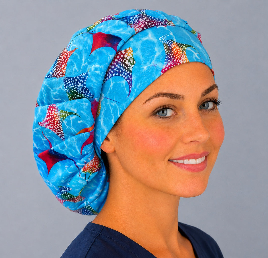 Underwater stingray bouffant scrub cap angled view on a smiling vet tech — colorful manta ray print roomy cap that secures long thick hair