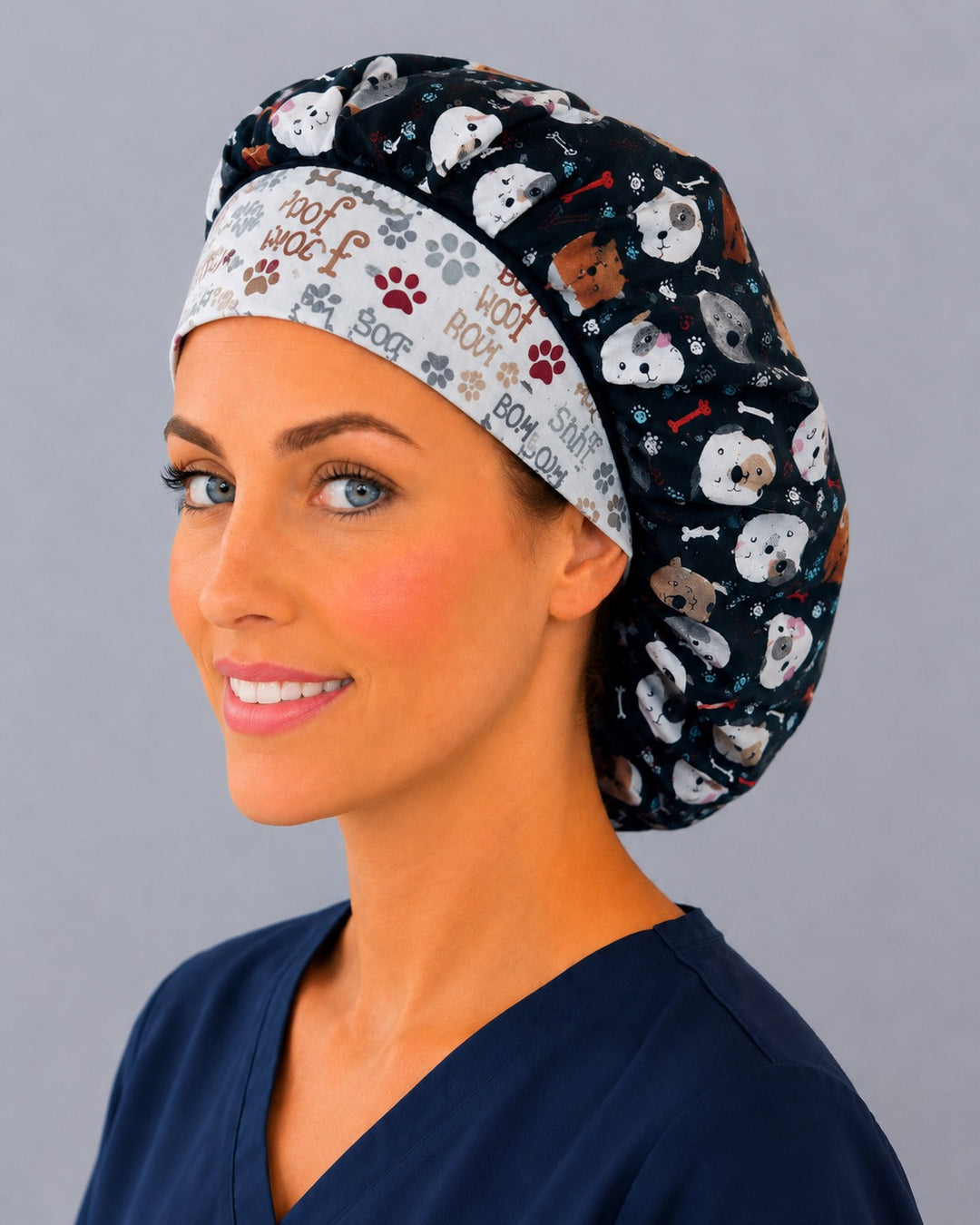 Unisex dog bouffant surgical hat, three-quarter view — cute puppy faces and bones print bouffant scrub cap, gift for dog lovers in healthcare