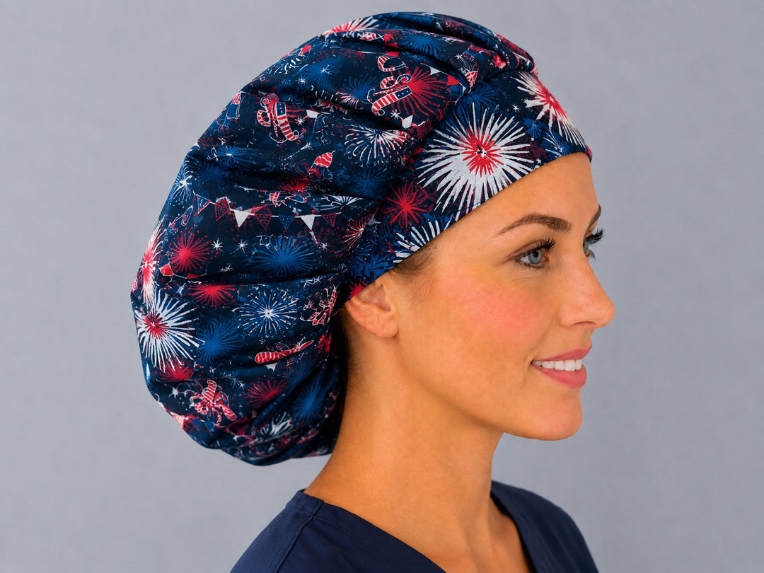 USA fireworks bouffant cap for women, left angled smiling view — handmade 4th of July surgical cap, USA made