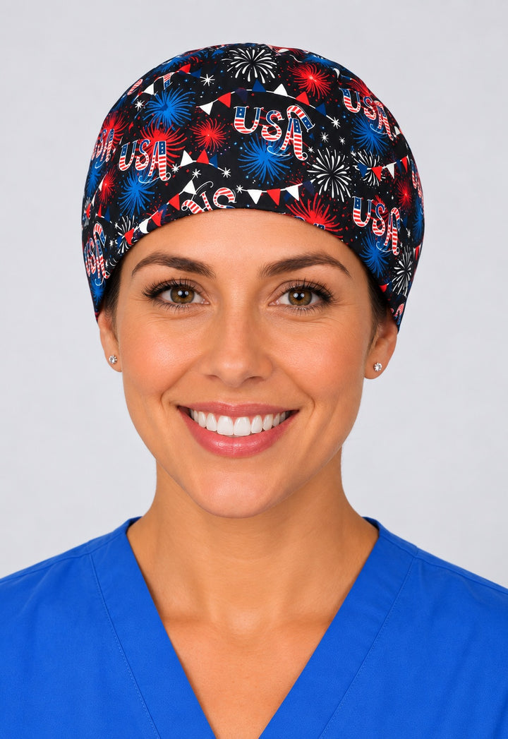 USA fireworks surgical hat in straight front view, patriotic nurse cap sized for short hair