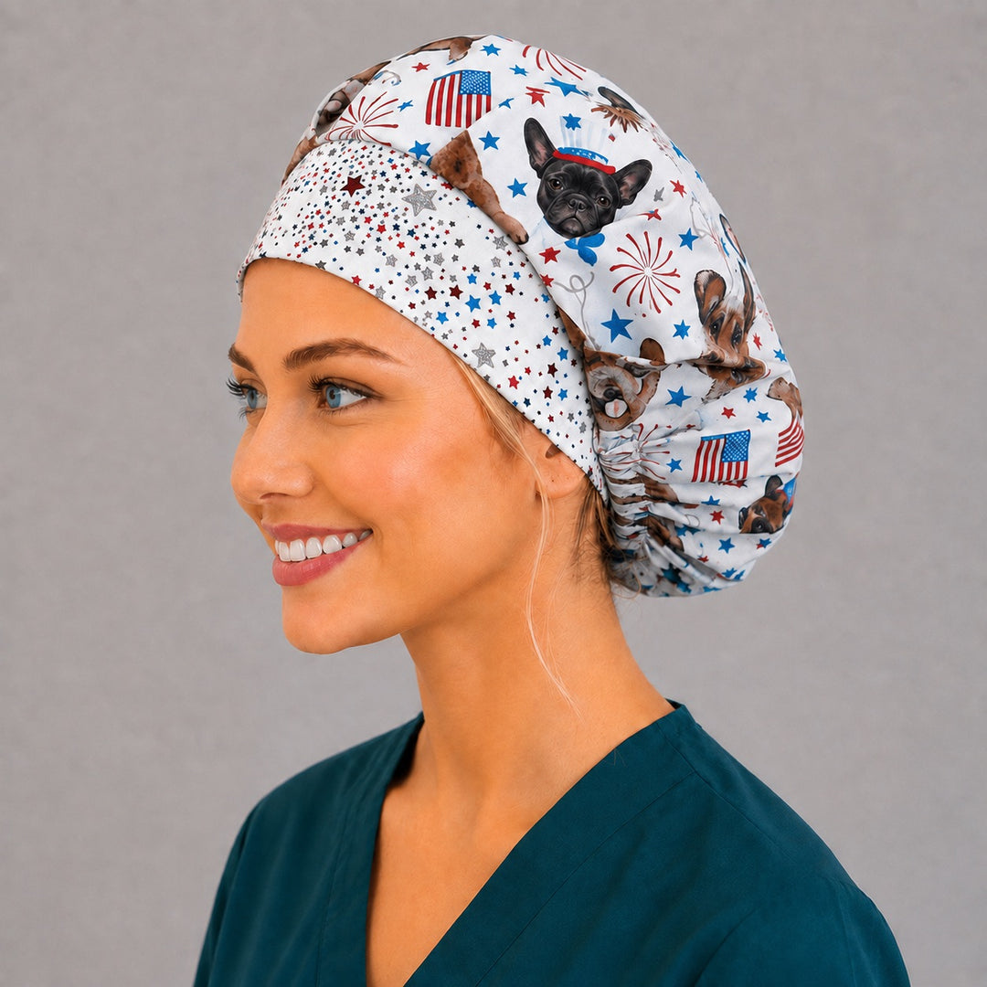 Left side profile of the USA flag puppy bouffant surgical hat — French bulldog in an Uncle Sam hat with fireworks, roomy breathable cotton cap