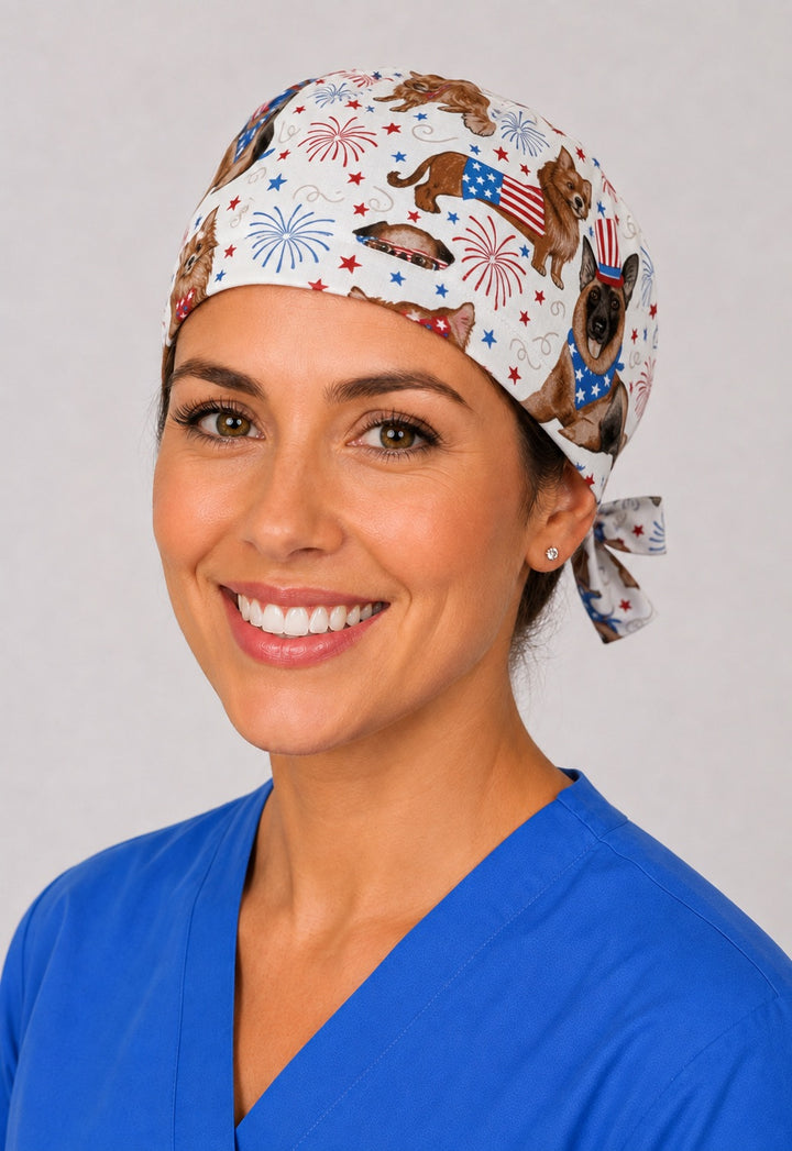 Three-quarter view of USA flag puppy fireworks unisex surgical hat for vet techs and OR nurses