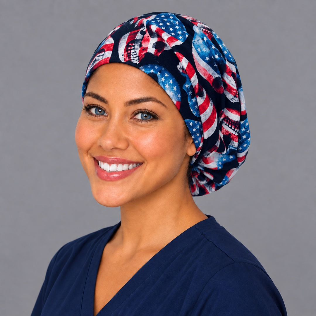 USA skull Euro cap, right angled smiling view — handmade red white and blue surgical cap, USA made
