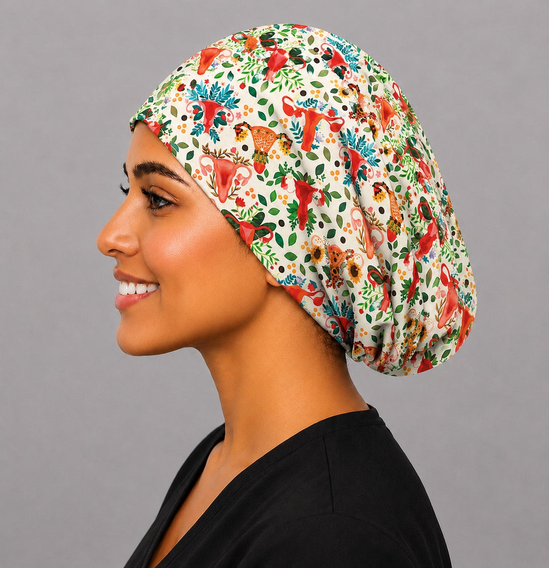 Uterus floral Euro cap for women, left side profile — close-fitting adjustable cap for labor and delivery nurses
