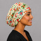 Back view of uterus floral euro scrub cap showing full coverage and elastic gathered back — handmade-in-USA OB-GYN surgical hat.