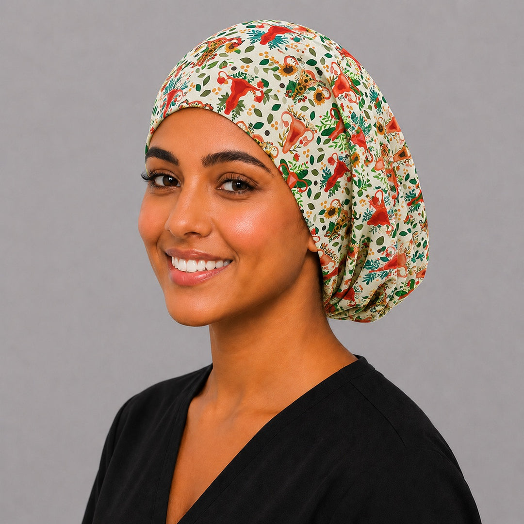 Uterus floral euro scrub cap — handmade-in-USA adjustable surgical hat for labor-and-delivery nurses and midwives.