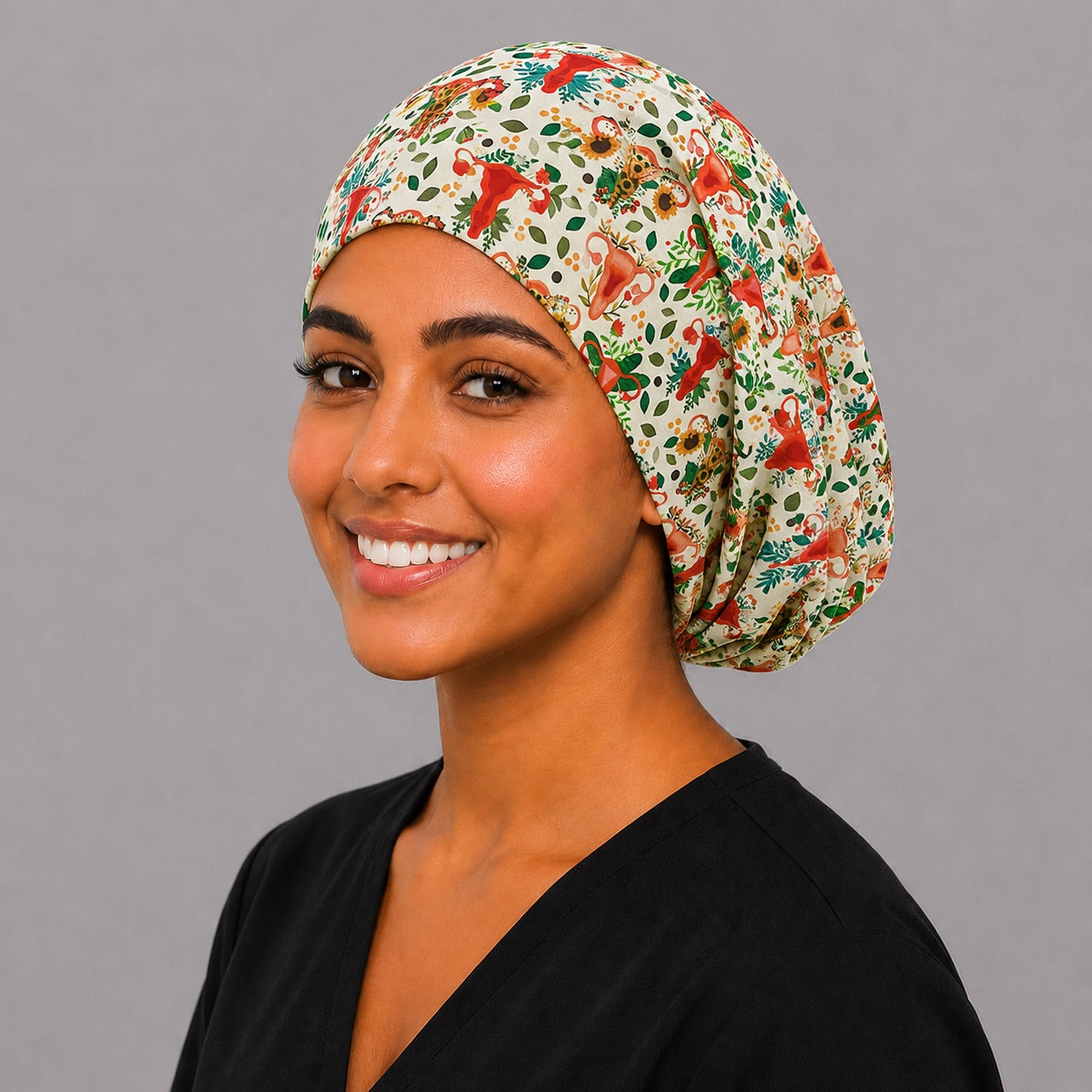 Uterus floral euro scrub cap — handmade-in-USA adjustable surgical hat for labor-and-delivery nurses and midwives.
