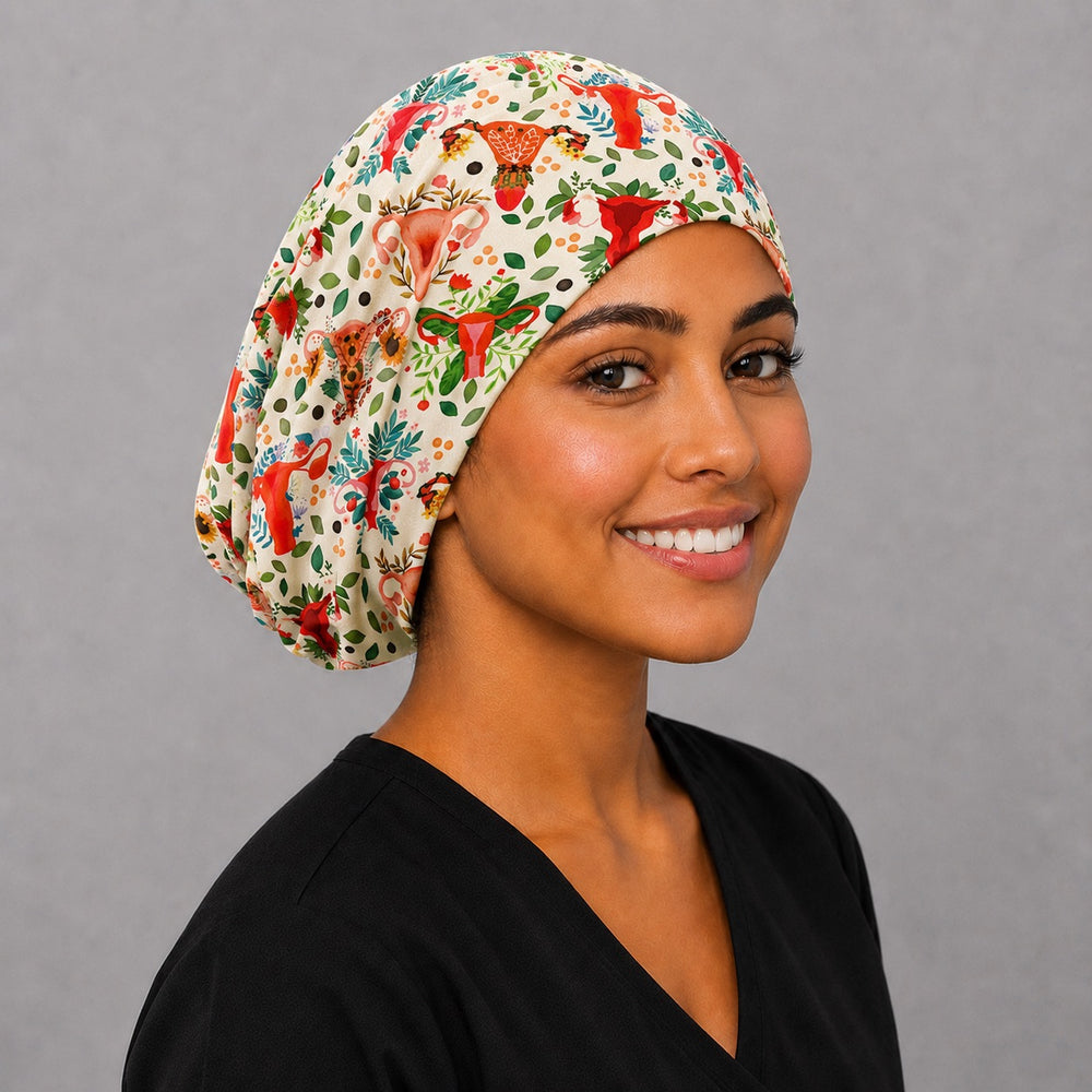 Side profile of uterus floral euro scrub cap — handmade-in-USA OR World surgical hat for L&D and GYN teams.