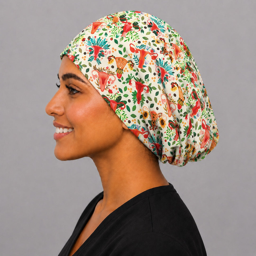 Side view of uterus floral euro scrub cap on a model — adjustable handmade USA surgical hat for OB-GYN and women&