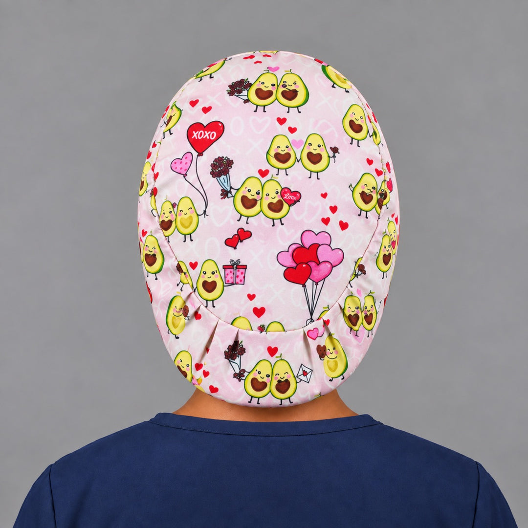 Valentine avocado Euro cap, right side profile — pink heart and bouquet print, breathable cotton cap for nurses